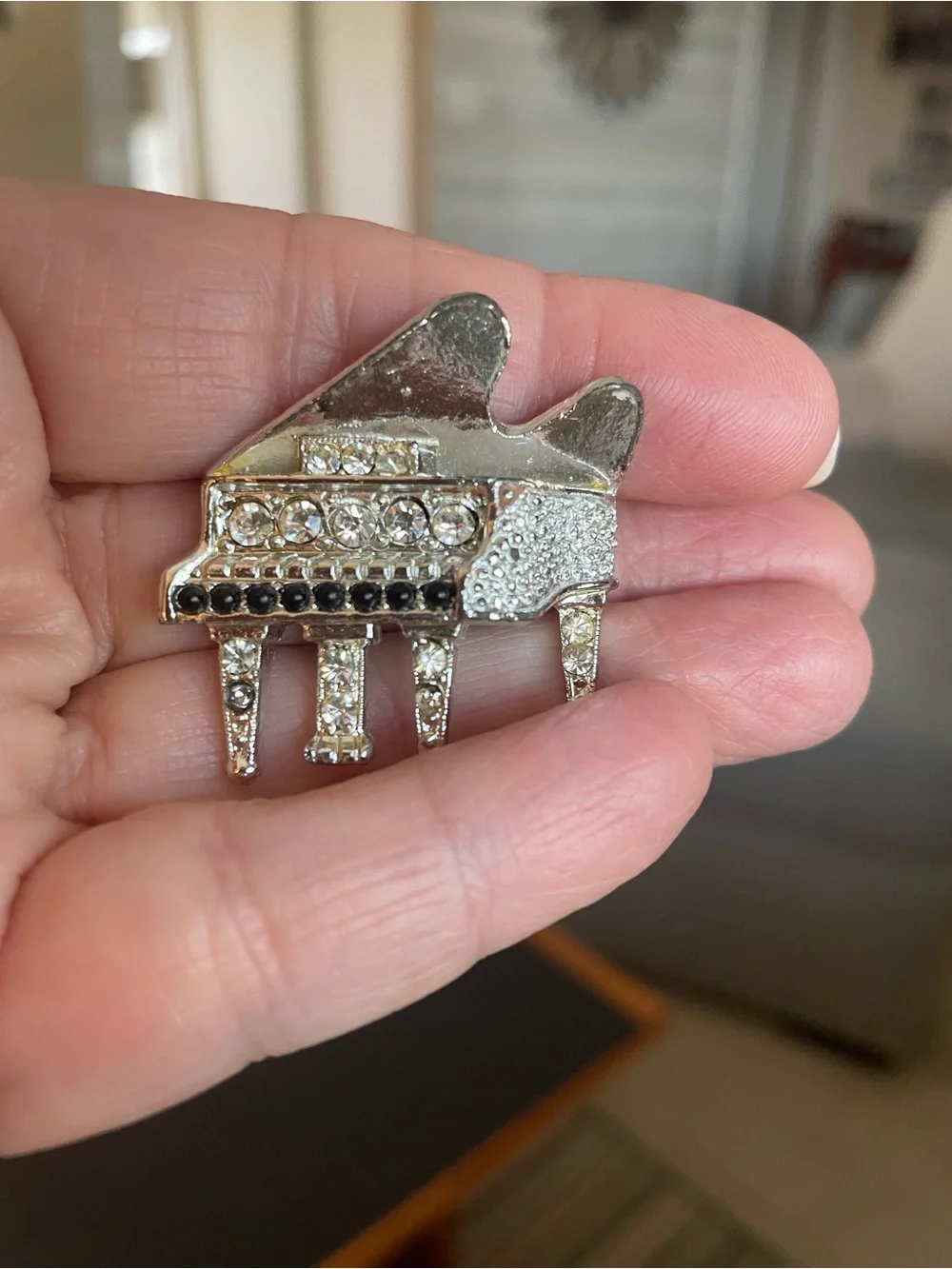 Piano-shaped Rhinestone Brooch - Silver with Black Accents- Unisex